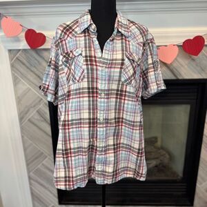 Hilfiger Denim Plaid Short Sleeve Button-Up Shirt Western‎ Style Casual Summer